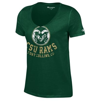 Picture of Green Distressed Colorado State Rams V-Neck Champion Tee